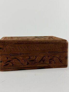 Vintage Hand Carved Rosewood Trinket Box Floral Gold Inlay India